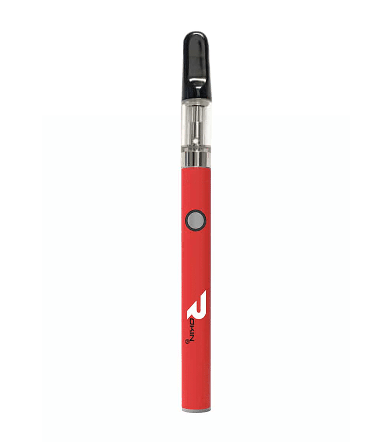 A red vape pen with a clear cartridge, black mouthpiece, gray button, and "ROKIN" logo.