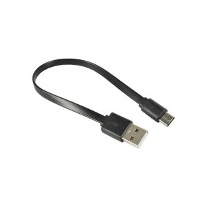 A short, flat black USB cable with a standard USB-A connector on one end and a USB-C connector on the other.