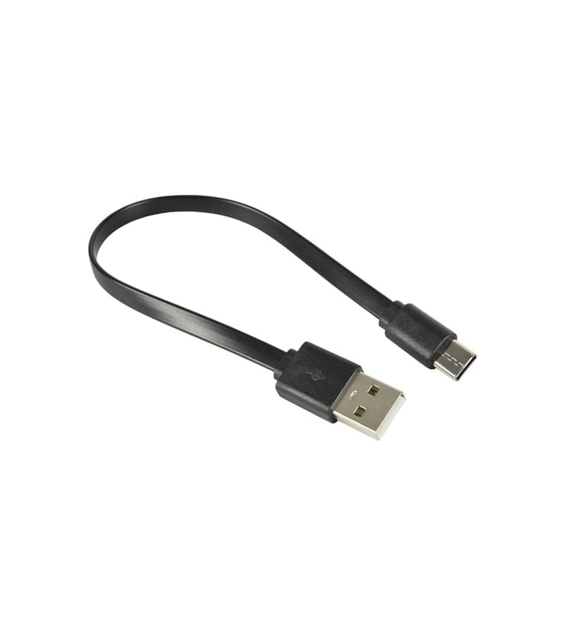 A short, flat black USB cable with a standard USB-A connector on one end and a USB-C connector on the other.