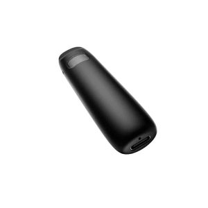 A black, cylindrical device with a rounded top, a small loop, and a USB-C port at the bottom.