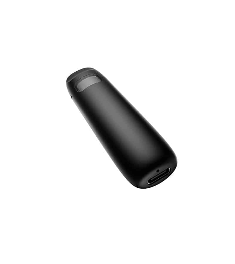 A black, cylindrical device with a rounded top, a small loop, and a USB-C port at the bottom.
