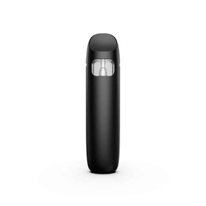 A black, matte vape pen stands upright on a white background, with a clear window showing an internal component.