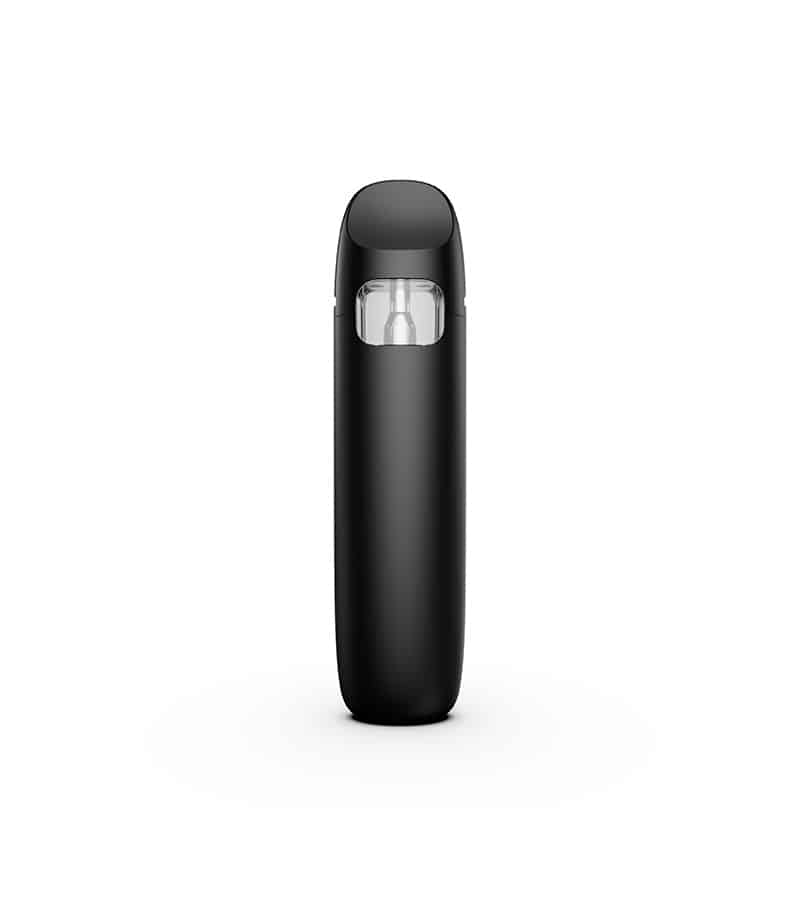 A black, matte vape pen stands upright on a white background, with a clear window showing an internal component.