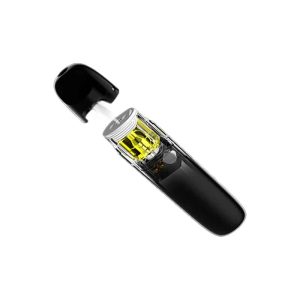 A black vape pen with its cap removed, revealing a clear chamber filled with yellow liquid.