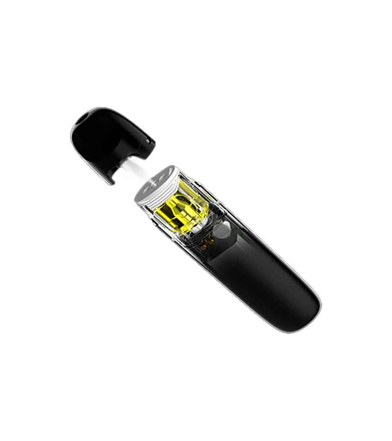 A black vape pen with its cap removed, revealing a clear chamber filled with yellow liquid.