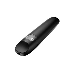 A sleek, black, elongated vape device with a clear window showing an internal component, angled on a white background.