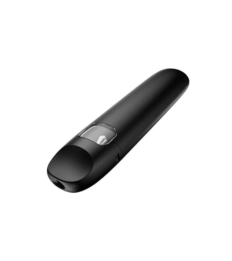 A sleek, black, elongated vape device with a clear window showing an internal component, angled on a white background.