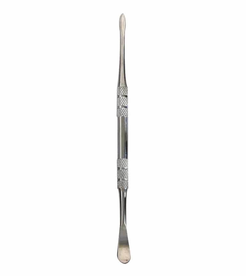 A shiny, double-ended metal tool with a pointed tip on top and a small spoon on the bottom.