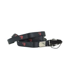 A black nylon strap with repeating red "R" logos, a silver metal buckle, and a black plastic clip.