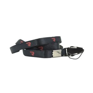 A black nylon strap with repeating red "R" logos, a silver metal buckle, and a black plastic clip.