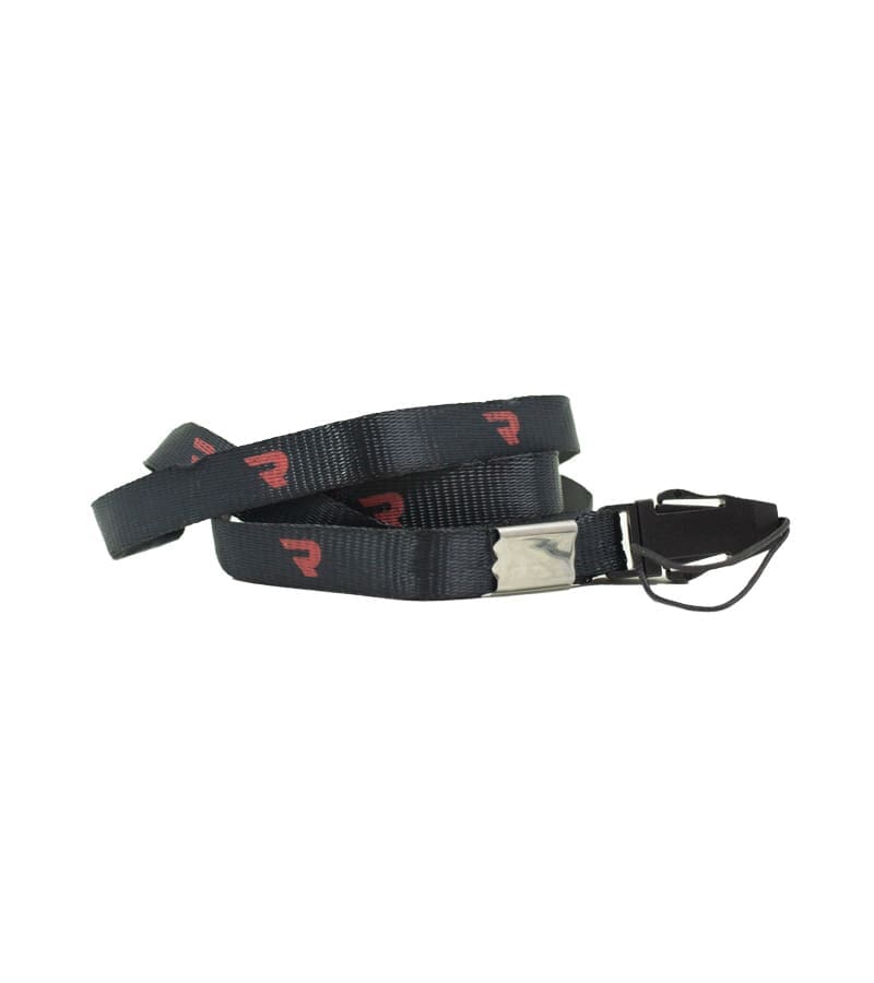 A black nylon strap with repeating red "R" logos, a silver metal buckle, and a black plastic clip.