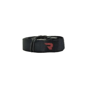 A tightly rolled black strap with a red "R" logo is secured by a black rubber band against a white background.
