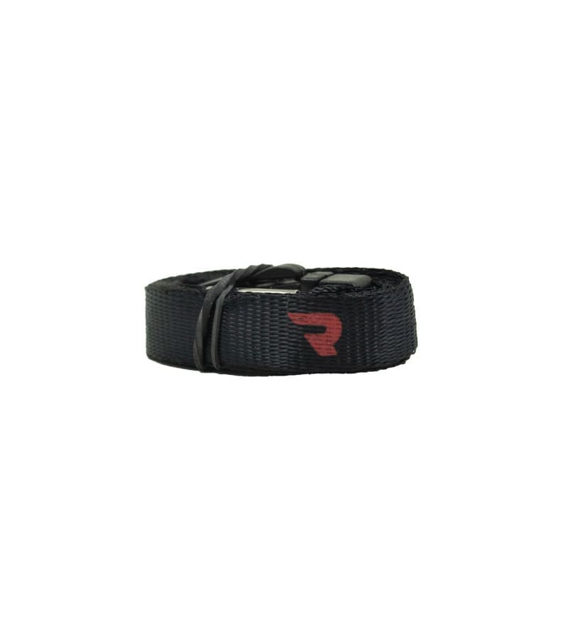 A tightly rolled black strap with a red "R" logo is secured by a black rubber band against a white background.