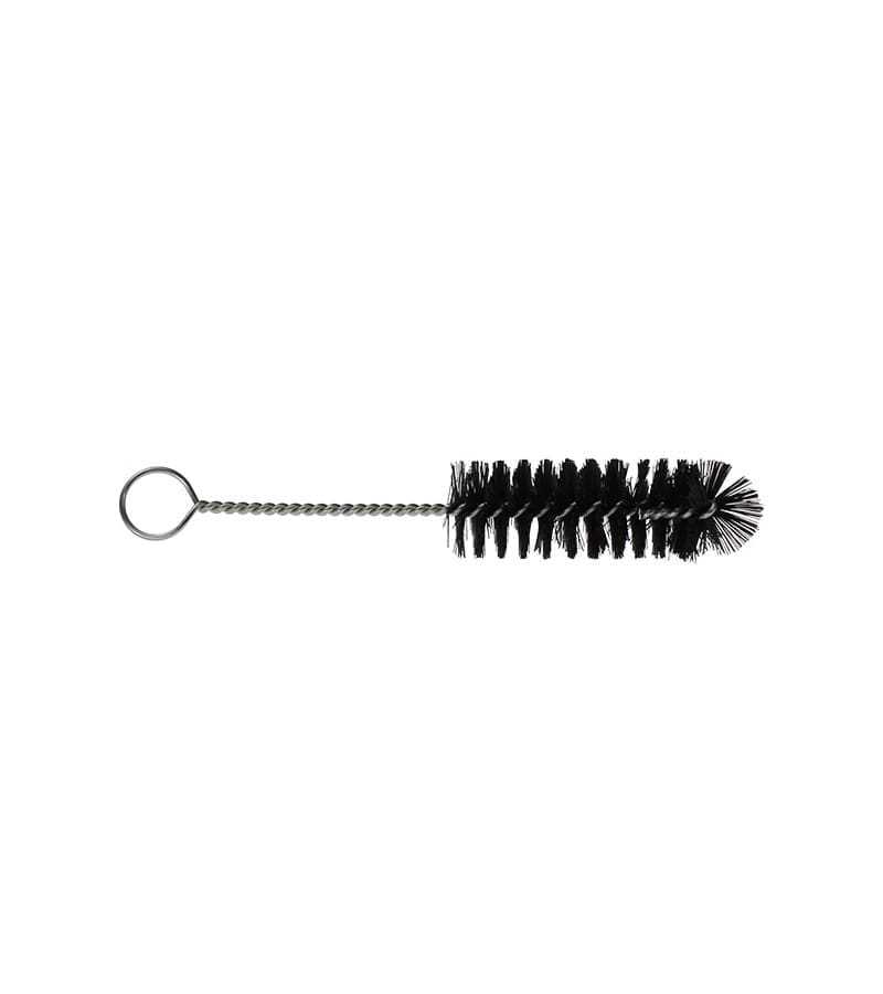 A black test tube brush with a twisted wire handle and a loop at the end is centered on a white background.