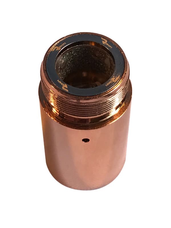 A shiny copper cylindrical object with a threaded top and a black ring labeled "ROKIN" in gold.