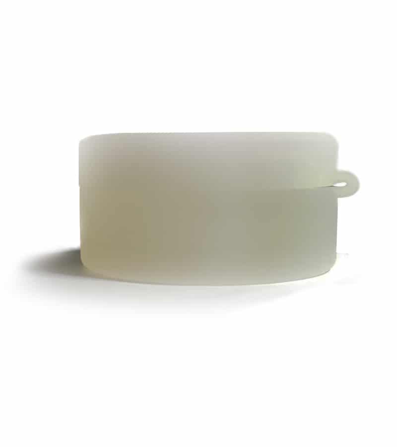 A translucent, rectangular silicone case with a small loop on the right side casts a shadow on a white background.