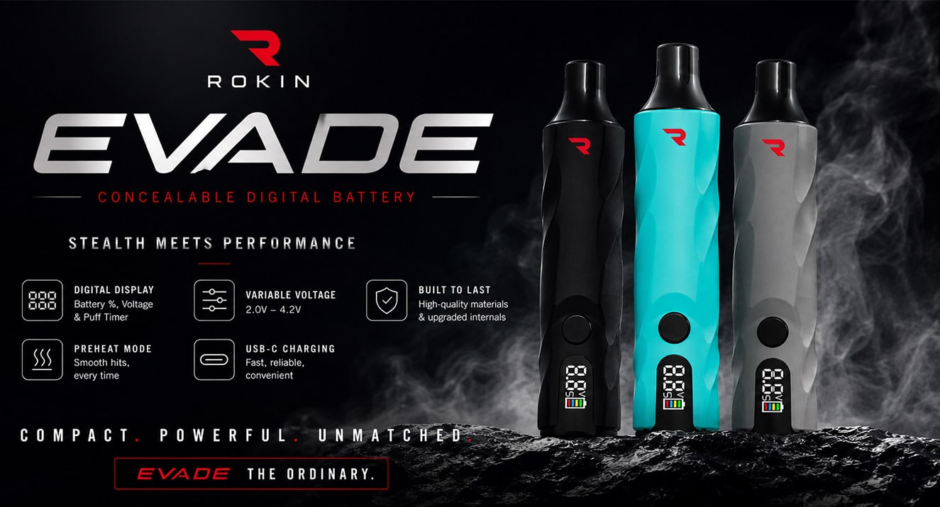 Promotional banner for the Rokin Evade digital vaporizer, featuring a compact 510 thread battery kit with a protective top and digital screen.